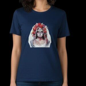 "DAY OF THE DEAD" Skeleton Graphic Skull Blue Unisex T-Shirt Size X-Large